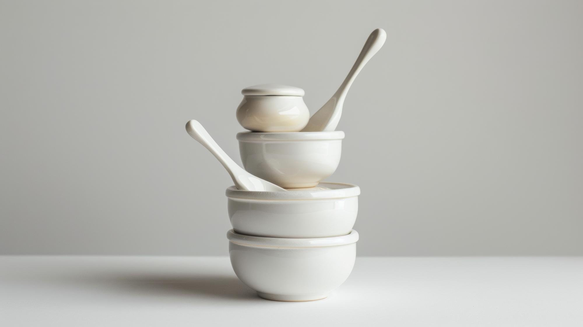 Prep station with labeled bowls and utensils